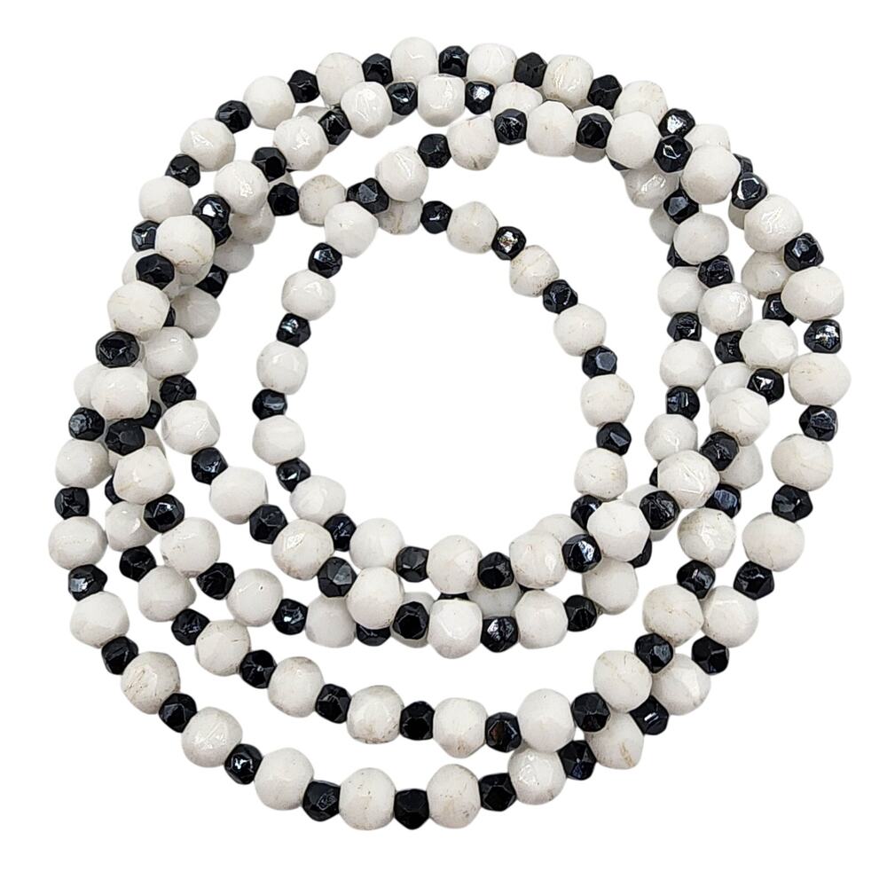 Vintage Jet Black White Milk Glass Necklace 50 Inch Beaded Strand Mid Century
